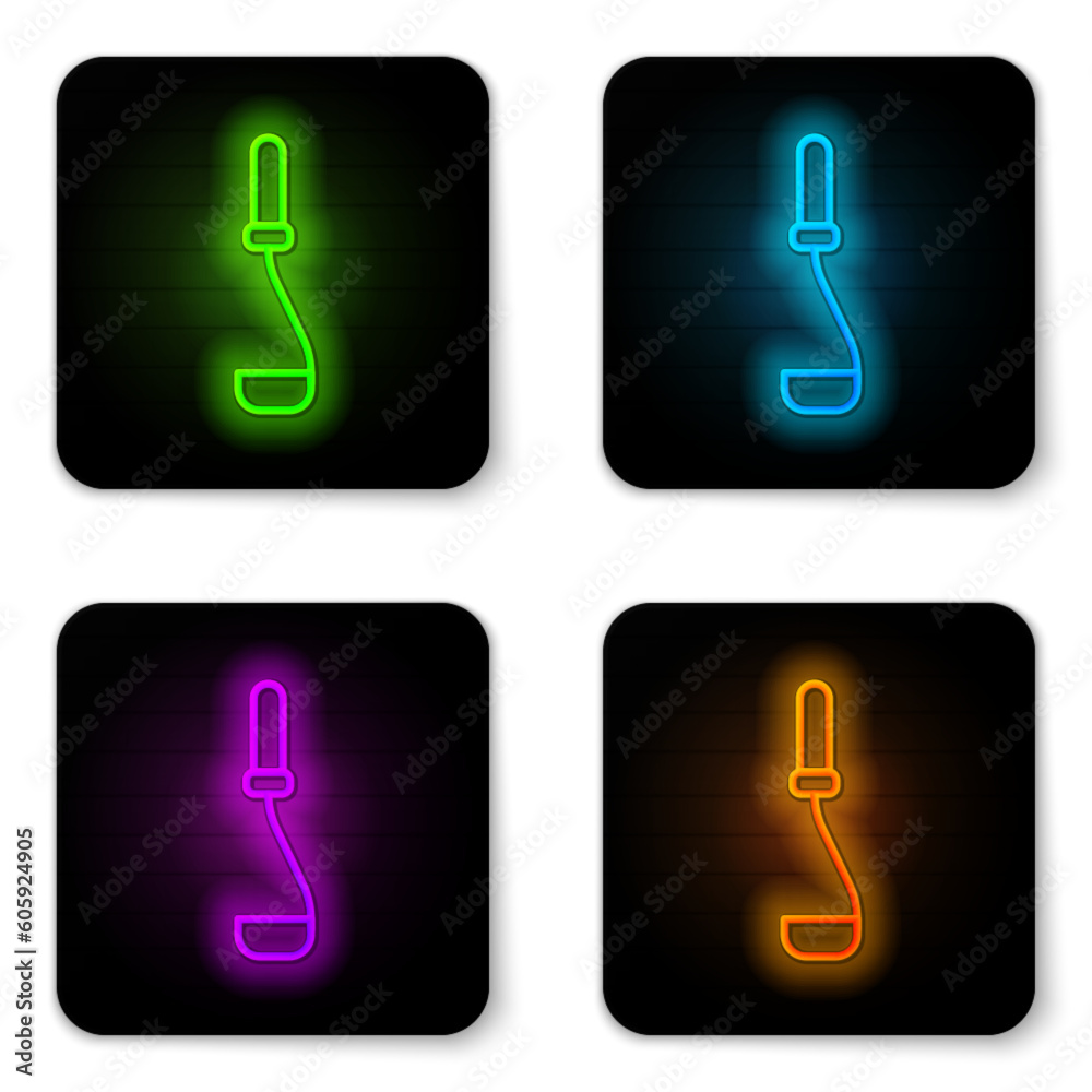 Glowing neon line Kitchen ladle icon isolated on white background. Cooking utensil. Cutlery spoon sign. Black square button. Vector Glowing neon line Kitchen ladle icon isolated on white background. Cooking utensil. Cutlery spoon sign. Black square button. Vector