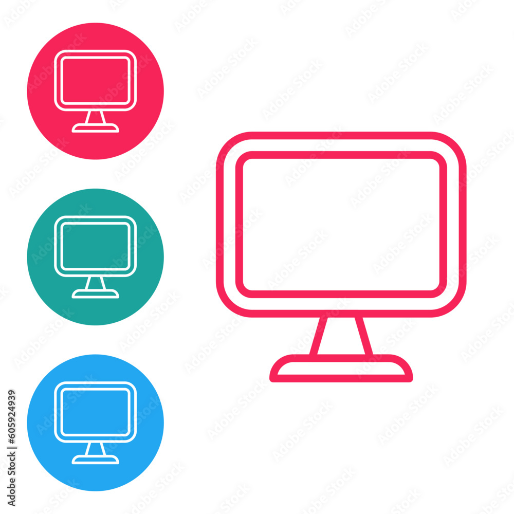 Red line Computer monitor screen icon isolated on white background. Electronic device. Front view. Set icons in circle buttons. Vector Red line Computer monitor screen icon isolated on white background. Electronic device. Front view. Set icons in circle buttons. Vector