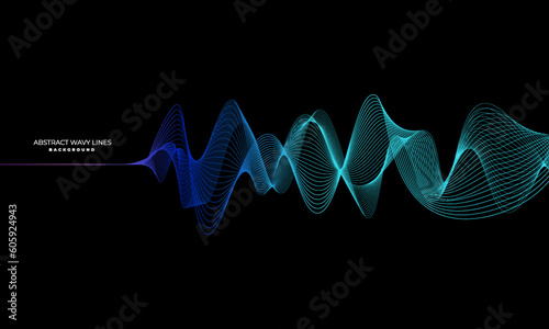 Dynamic wavy abstract light lines in blue green colors isolated on black background, suitable for backgrounds for technology, communication, science, music and others