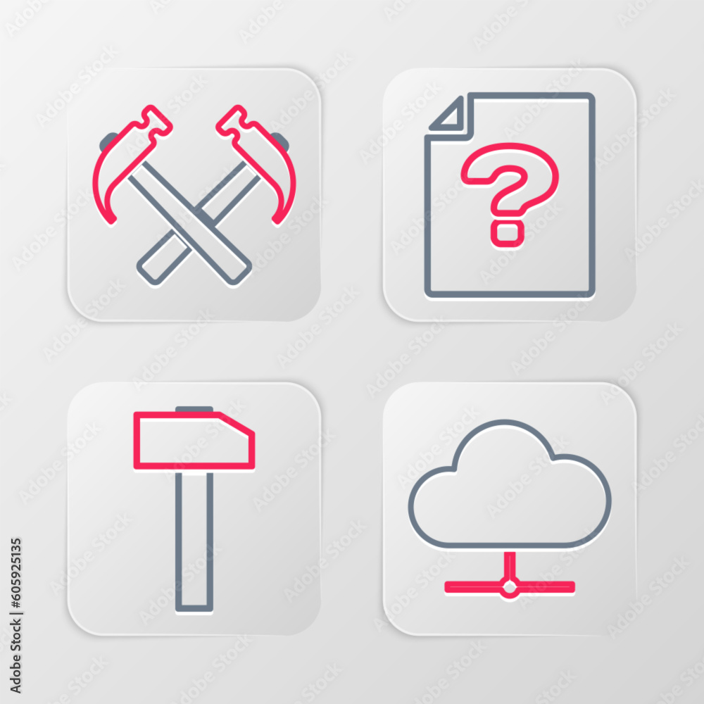 Set line Network cloud connection, Hammer, Unknown document and Two crossed hammers icon. Vector Set line Network cloud connection, Hammer, Unknown document and Two crossed hammers icon. Vector