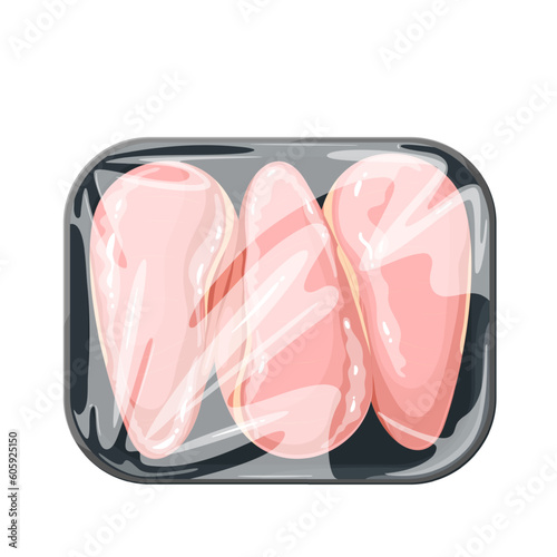 Fresh skinless chicken breast in tray vector illustration. Cartoon isolated plastic container with chilled chicken meat without skin for supermarket and grocery store, food package with poultry