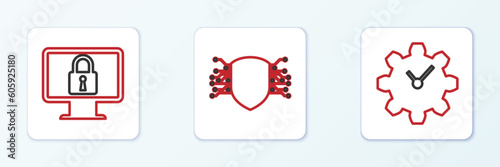 Set line Time Management, Lock on monitor and Cyber security icon. Vector