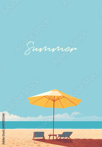 Summer holidays. Sunny umbrella with sun loungers on a sandy beach. Vertical Orientation. Vector illustration for covers, prints, posters