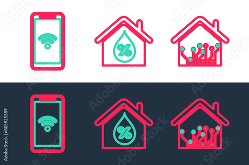 Set line Smart home, Mobile with heart rate and House humidity icon. Vector