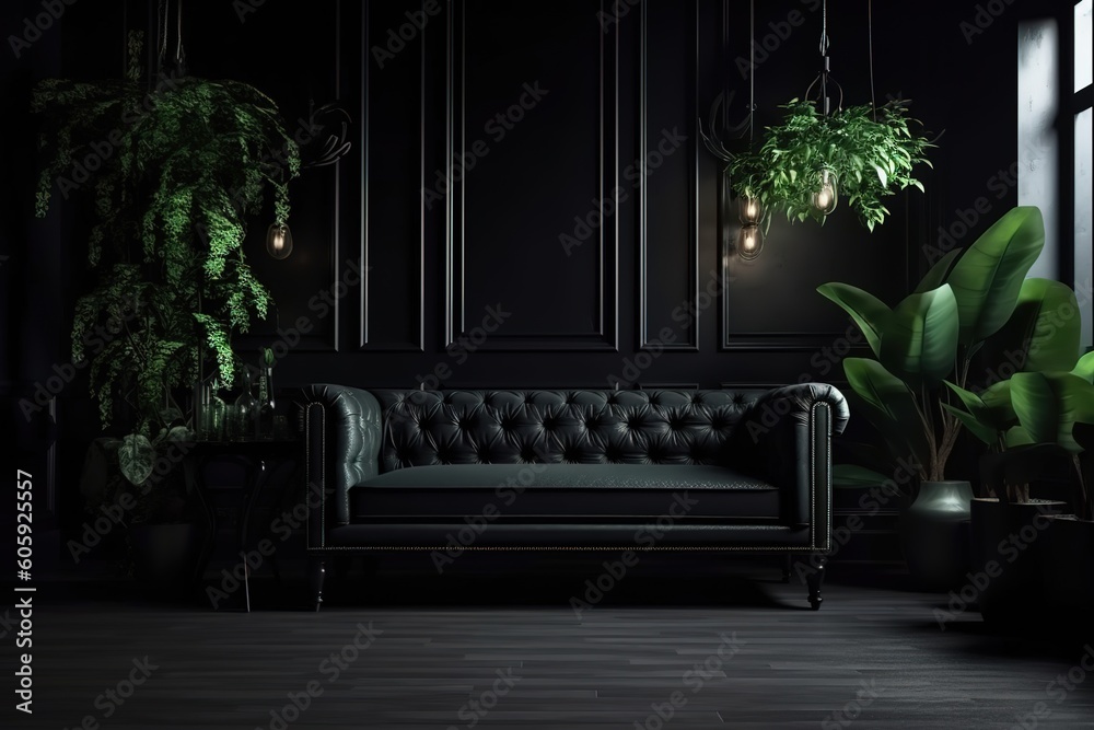 Obraz premium Black interior modern classic. A large black sofa, a sofa in expensive fabric, a green houseplant. Black dark room
