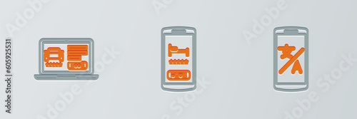 Set line Online translator, car sharing and hotel booking icon. Vector