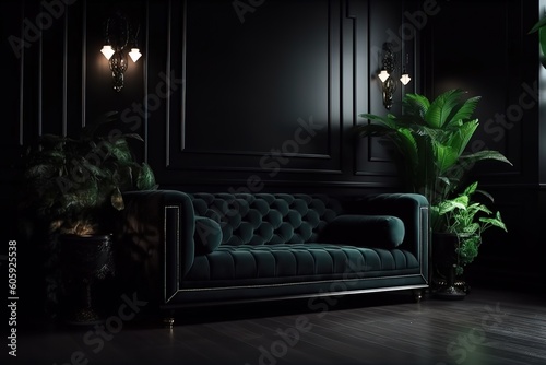 Black interior modern classic. A large black sofa, a sofa in expensive fabric, a green houseplant. Black dark room