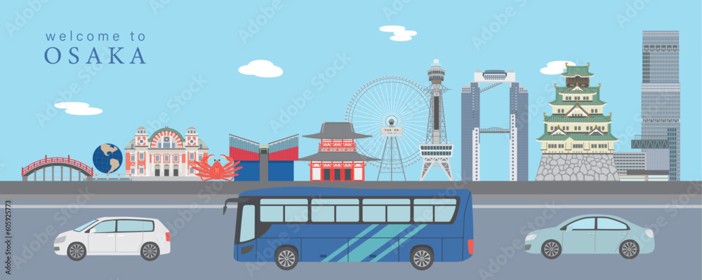 Obraz premium 大阪の街並みを走る観光バス