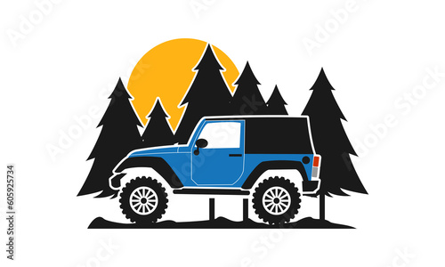 Off road car with spruce and sun vector logo