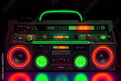 A ghetto blaster radio boombox with neon lighting. AI-generated, fictional, fiction, illustration