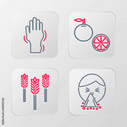 Set line Handkerchief to his runny nose, Wheat, Orange fruit and with psoriasis or eczema icon. Vector