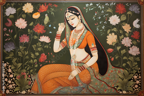 Beautiful Indian woman wearing saree and ornaments. Indian Mughal era style illustration. Decorative floral Background.