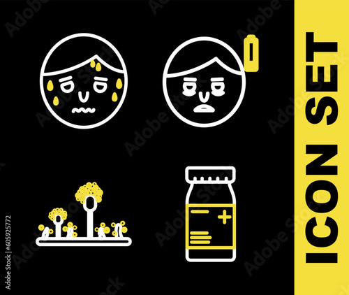 Set line Fatigue, Medicine bottle and pills, Mold and Man with excessive sweating icon. Vector