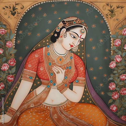 Portrait of an Indian royal family woman wearing saree and jewelry. Decorative floral background.. Mughal Style art. Generative Ai.