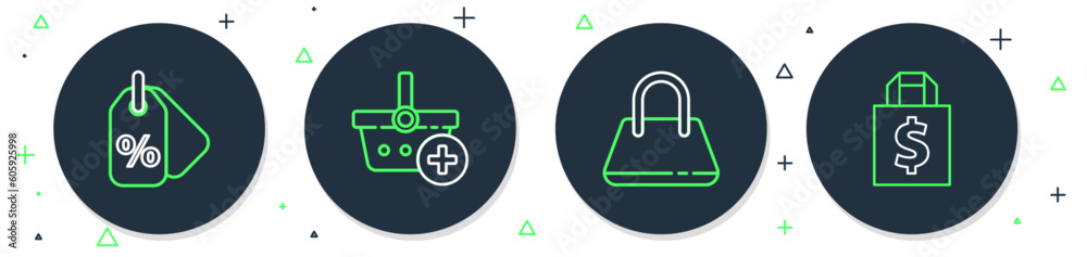 Set line Add to Shopping basket, Handbag, Discount percent tag and Shoping dollar icon. Vector Set line Add to Shopping basket, Handbag, Discount percent tag and Shoping dollar icon. Vector