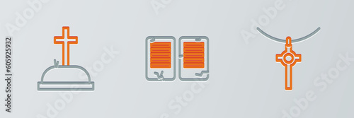 Set line Christian cross on chain, Tombstone with and The commandments icon. Vector