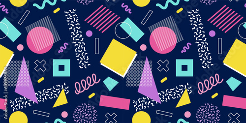 Abstract seamless pattern 80s 90s with geometric shapes in the Memphis style. Vector retro hipster print