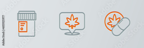 Set line Herbal ecstasy tablets, Medical bottle with cannabis and Location and icon. Vector