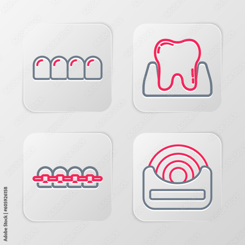 Set line Dental floss, Teeth with braces, Tooth and Dentures model icon. Vector Set line Dental floss, Teeth with braces, Tooth and Dentures model icon. Vector