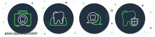 Set line Tooth, First aid kit and Dental protection icon. Vector