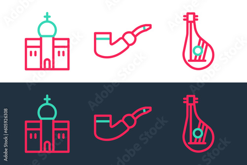 Set line Bandura, Church building and Smoking pipe icon. Vector