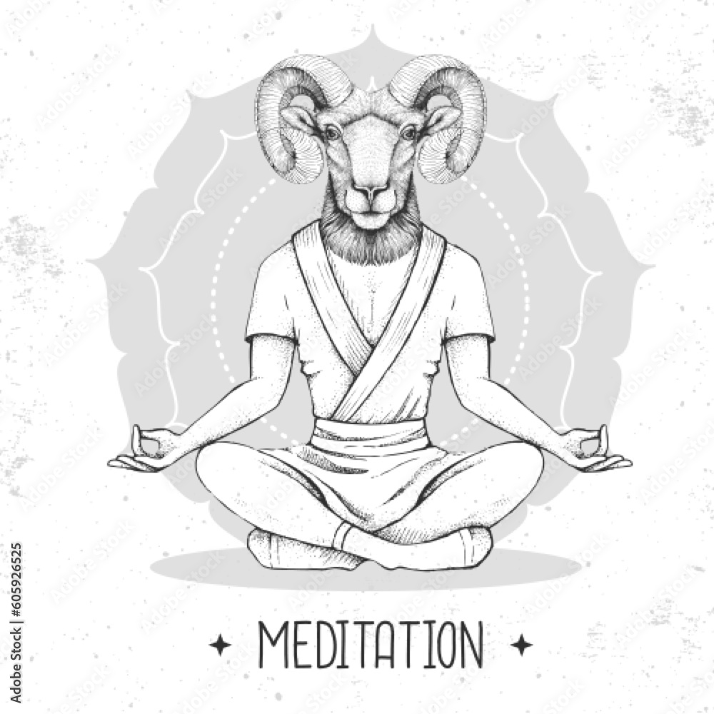 Hand drawing hipster animal ram or mouflon meditating in lotus position on mandala background. Vector illustration Hand drawing hipster animal ram or mouflon meditating in lotus position on mandala background. Vector illustration