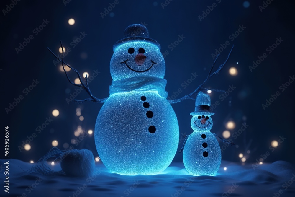 Obraz premium A magic festive snowman family covered in glowing lights, in a winter scene