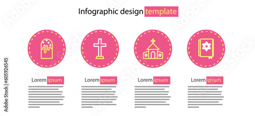 Set line Church building, Jewish torah book, Christian cross and Easter cake icon. Vector
