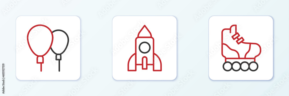 Set line Roller skate, Balloons and Rocket ship toy icon. Vector