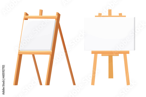 Easel, canvas stand or wooden tripod in cartoon style isolated on white background. Whiteboard for painting, seminar.