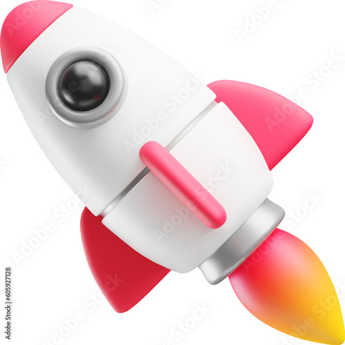 3d style spaceship rocket flying with yellow flame ejected from nozzles. Toy rocket launch. Successful startup, financial growth, space business concept vector illustration