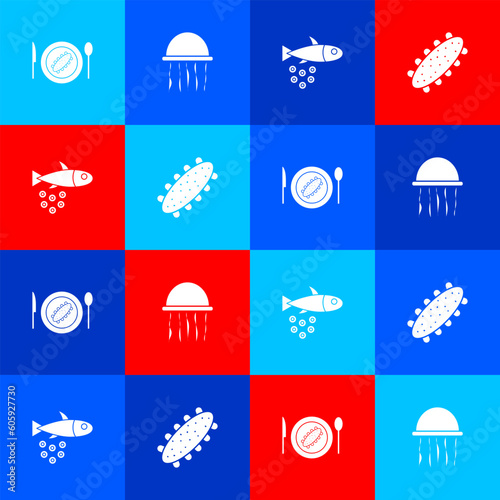 Set Served cucumber on a plate, Jellyfish, Fish with caviar and Sea icon. Vector