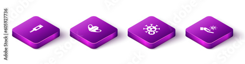 Set Isometric Medical thermometer, protective mask, Positive virus and Hand with icon. Vector