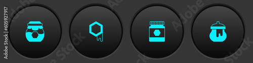 Set Jar of honey, Honeycomb, and icon. Vector