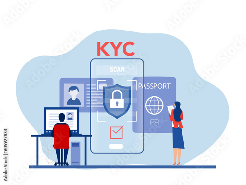 KYC or know your customer with business verifying the identity of its client's concept at the partners-to-be through a magnifying glass  of business identification and  safety.