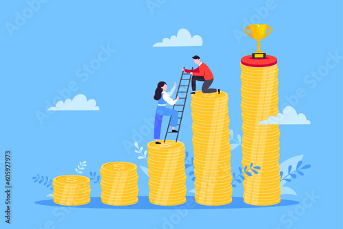 Business mentor helps improve career and money stacks growing. He holds stairs steps vector illustration. Mentorship, upskills, climb help self development strategy flat style design business concept.