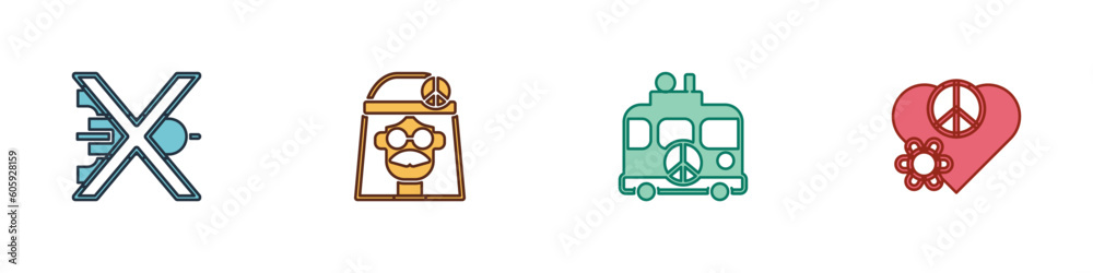 Fototapeta premium Set No war, Hippie girl, camper van and Love peace icon. Vector