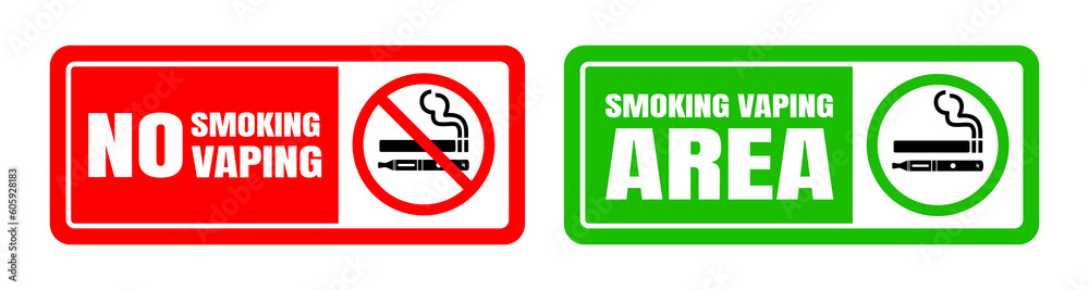 No smoking no vaping and smoking area sign set. Forbidden sign icon isolated on white background vector illustration. Cigarette, vape in prohibition circle and green allowed area. No smoking no vaping and smoking area sign set. Forbidden sign icon isolated on white background vector illustration. Cigarette, vape in prohibition circle and green allowed area.