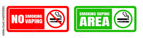 No smoking no vaping and smoking area sign set. Forbidden sign icon isolated on white background vector illustration. Cigarette, vape in prohibition circle and green allowed area.