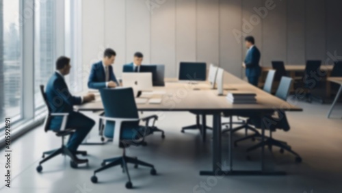 Blurred business people working in a modern office. Generative AI.