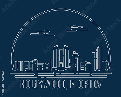 Hollywood, Florida - Cityscape with white abstract line corner curve modern style on dark blue background, building skyline city vector illustration design