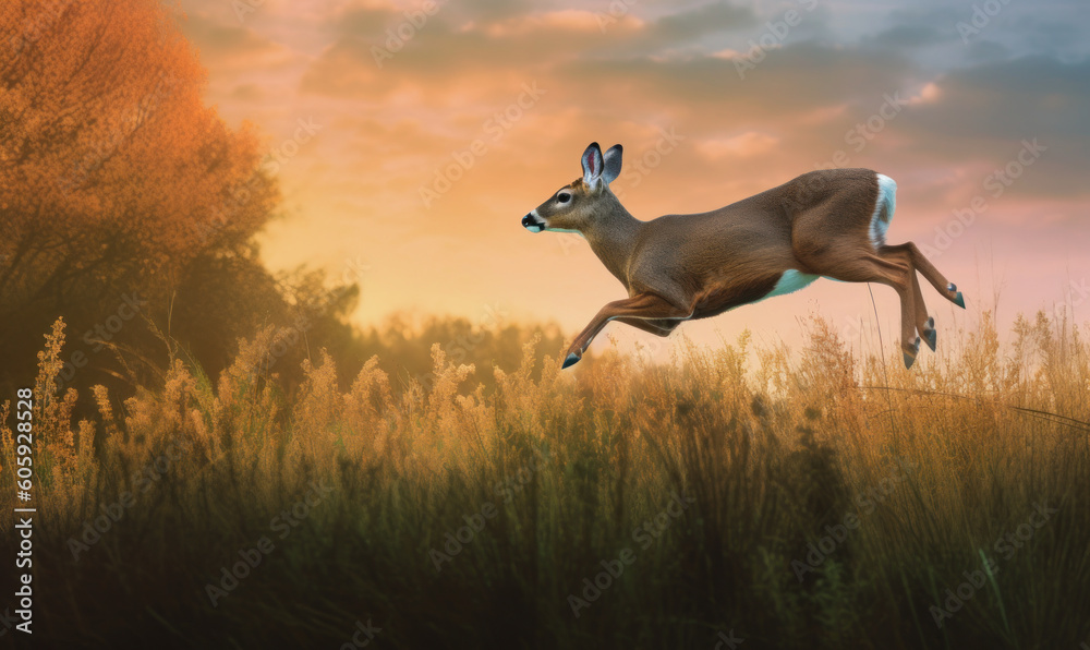 photo of musk deer jumping happily in tall grass at sunset. Generative AI - obrazy, fototapety, plakaty 