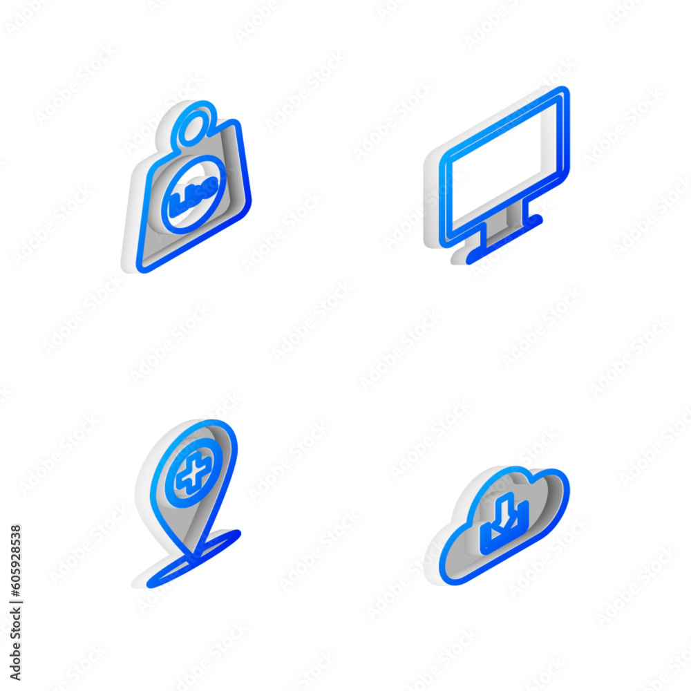 Set Isometric line Computer monitor screen, Weight pounds, Medical location with cross and Cloud download icon. Vector Set Isometric line Computer monitor screen, Weight pounds, Medical location with cross and Cloud download icon. Vector
