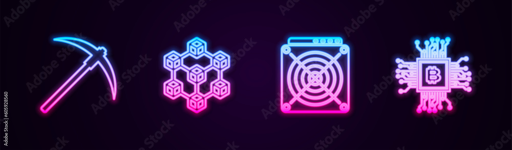 Set line Pickaxe, Blockchain technology, ASIC Miner and CPU mining farm. Glowing neon icon. Vector