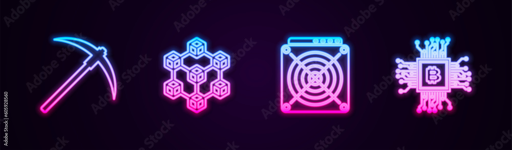 Set line Pickaxe, Blockchain technology, ASIC Miner and CPU mining farm. Glowing neon icon. Vector Set line Pickaxe, Blockchain technology, ASIC Miner and CPU mining farm. Glowing neon icon. Vector