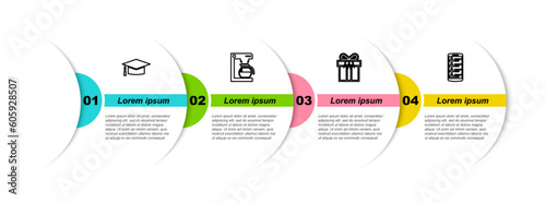 Set line Graduation cap, Coffee machine with pot, Gift box and Smartphone contacts. Business infographic template. Vector