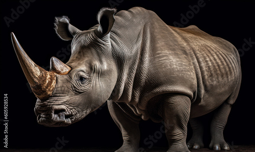 photo of northern white rhinoceros on black background. Generative AI