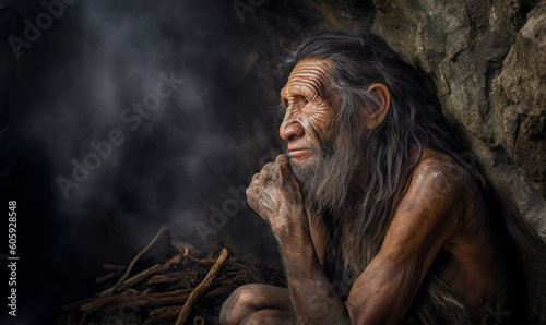 photo of Neanderthal (archaic human) in its natural habitat. Generative AI