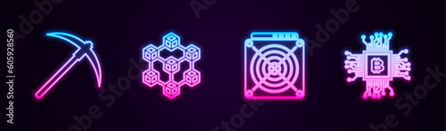 Set line Pickaxe, Blockchain technology, ASIC Miner and CPU mining farm. Glowing neon icon. Vector