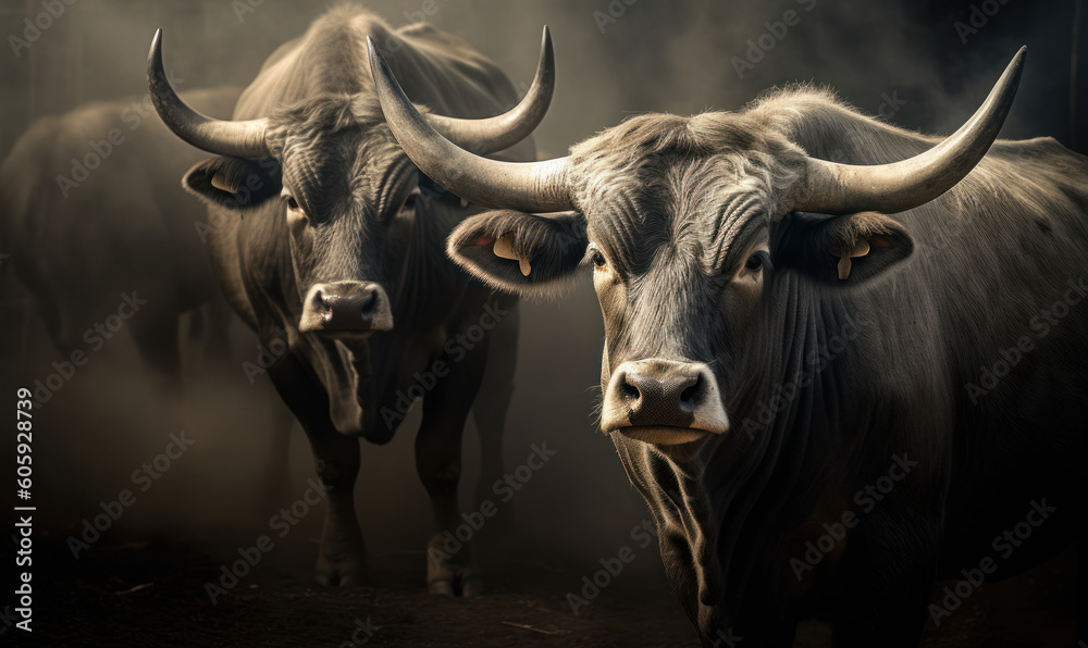 Naklejka premium closeup photo of Murray Grey cattle on dark background. Generative AI